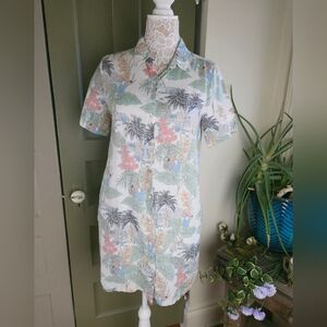 C&C California 100% Linen Tropical Toucan Shirt Dress Button-Down Tunic Small